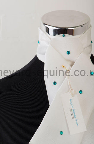 Nikki B Aqua Crystal Stock - White-Stock-Nikki B Bespoke Dressage Stocks-Aqua Crystal Stock-The Yard