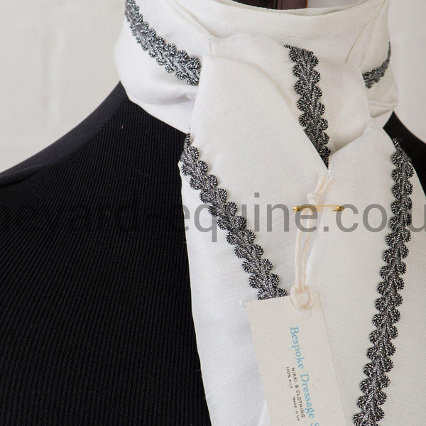 Nikki B Dark Silver Feather Braid Stock - Ivory-Stock-Nikki B Bespoke Dressage Stocks-Dark Silver Braid White-The Yard